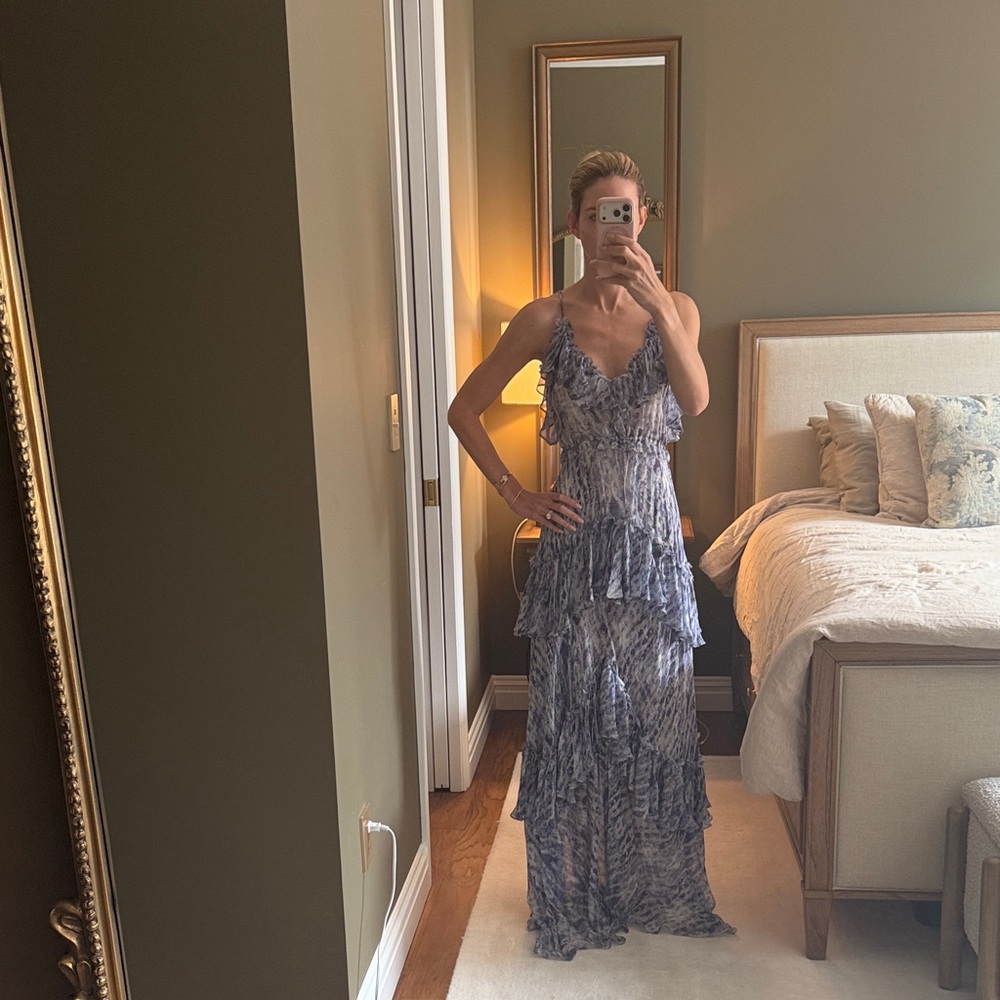 Alexis Silk Tiered Ruffle Maxi Dress in Blue and White (XS)